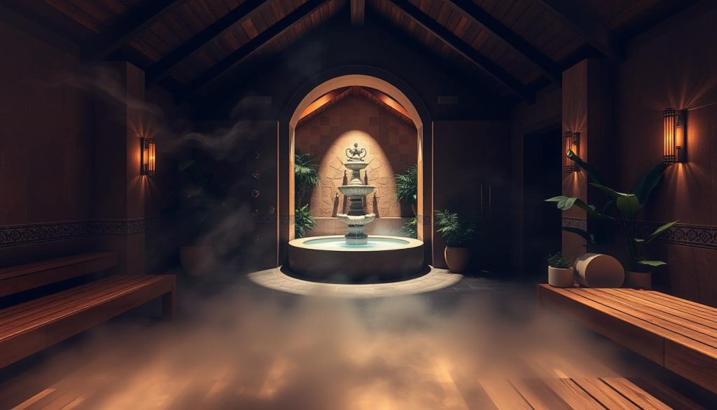A luxurious spa-inspired interior with a tranquil, dimly-lit ambiance. In the foreground, a spacious steam room with ornate tile work and wooden benches invites visitors to unwind. Mist gently rises, creating a soothing, ethereal atmosphere. In the middle ground, a large, rounded stone tub sits beneath a vaulted ceiling, its warm, mineral-rich waters glimmering. Soft lighting casts a warm glow, enhancing the calming mood. In the background, a recessed niche displays an ornate fountain, its gentle flow adding to the serene soundscape. Lush greenery and natural materials throughout evoke a sense of balance and harmony, transporting the viewer to a haven of relaxation and rejuvenation.
