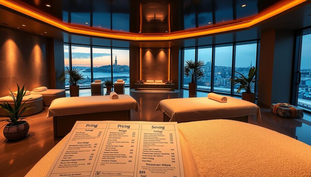 A luxurious spa interior with sleek, modern design. Warm lighting casts a soothing glow across the space, reflecting off the smooth, polished surfaces of the massage tables and plush lounge chairs. Potted plants and natural stone accents create a tranquil, nature-inspired ambiance. In the foreground, a pricing menu is displayed prominently, detailing the range of spa services and corresponding rates. The middle ground showcases the spa's tranquil relaxation areas, while the background features a view of Istanbul's iconic cityscape through large, panoramic windows. The overall scene exudes an air of luxurious pampering and exclusive indulgence.