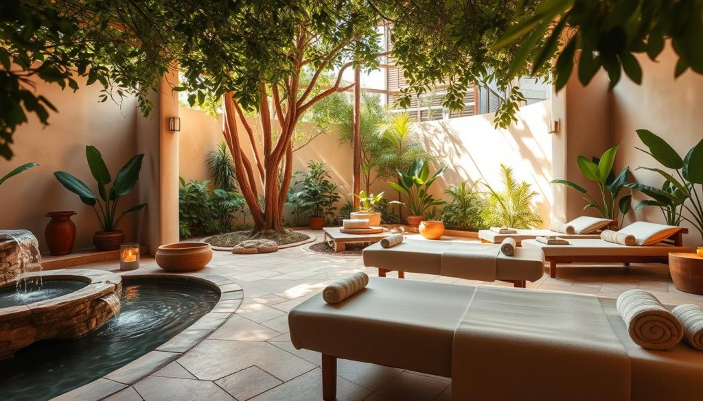 A luxurious spa nestled in a serene garden oasis, with soft natural lighting filtering through lush foliage. Tranquil water features, such as a gently flowing fountain, create a soothing ambiance. Plush, inviting lounge chairs and massage tables are arranged in a harmonious layout, beckoning guests to indulge in restorative treatments. Warm, earthy tones and natural materials, like stone and wood, evoke a sense of grounding and wellbeing. The space exudes an atmosphere of relaxation and rejuvenation, catering to the mind, body, and spirit.