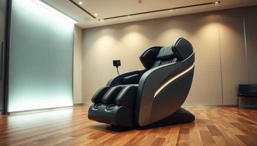 A modern, well-lit office environment with a sleek, minimal design aesthetic. In the foreground, a high-quality massage chair with advanced technological features, such as built-in sensors and massage modules, is prominently displayed. The chair is positioned on a polished hardwood floor, with a neutral-toned wall serving as the backdrop. The lighting is a combination of soft, indirect overhead lighting and task lighting, creating a calming and inviting atmosphere. The overall scene conveys a sense of efficiency, comfort, and the integration of technology into the wellness industry. A modern, well-lit office environment with a sleek, minimal design aesthetic. In the foreground, a high-quality massage chair with advanced technological features, such as built-in sensors and massage modules, is prominently displayed. The chair is positioned on a polished hardwood floor, with a neutral-toned wall serving as the backdrop. The lighting is a combination of soft, indirect overhead lighting and task lighting, creating a calming and inviting atmosphere. The overall scene conveys a sense of efficiency, comfort, and the integration of technology into the wellness industry.