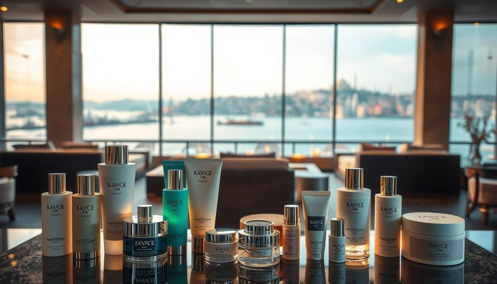 A serene and luxurious spa setting, showcasing the leading spa brands in Istanbul. The foreground features an array of high-end spa products, arranged in a visually appealing and cohesive display. The middle ground depicts a tranquil, dimly lit spa interior with plush seating and calming decor, evoking a sense of relaxation and indulgence. In the background, a panoramic view of the Bosphorus and the iconic Istanbul skyline, providing a picturesque backdrop to the spa experience. Warm lighting illuminates the scene, creating a cozy and inviting atmosphere. The overall composition conveys the luxurious and exclusive nature of the featured spa brands, tailored to the discerning tastes of the Istanbul market.