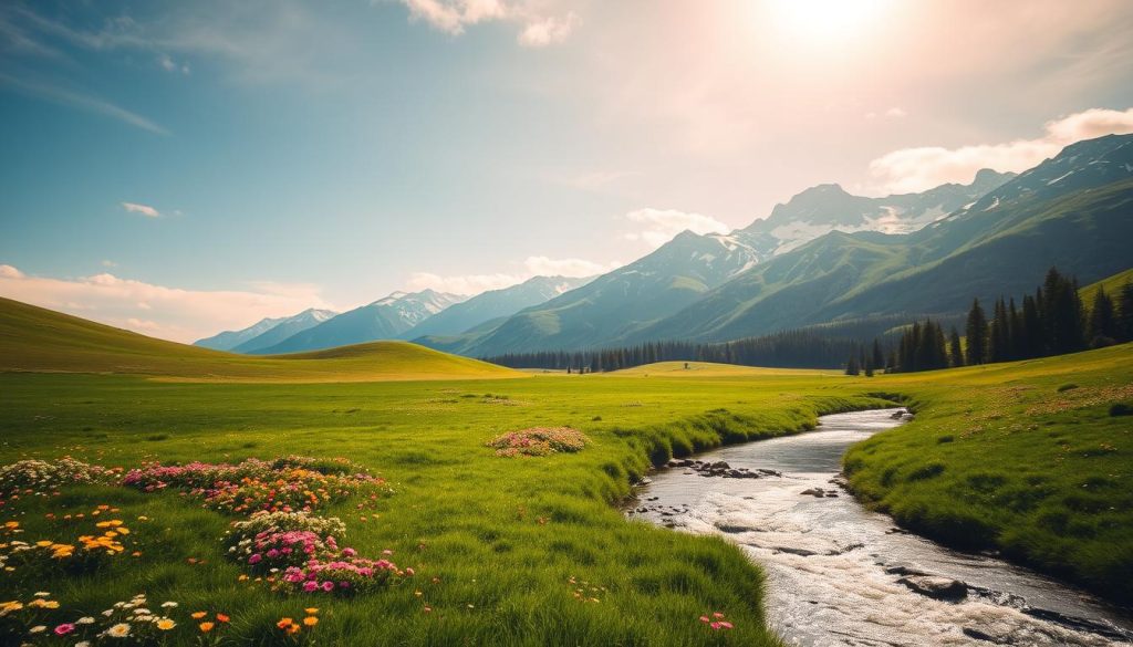 A serene and tranquil landscape, where lush green meadows dotted with vibrant wildflowers stretch out beneath a picturesque sky. In the foreground, a winding stream gently flows, its crystal-clear waters reflecting the warmth of the sun's golden rays. Towering mountains rise in the distance, their snow-capped peaks reaching towards the heavens. The scene exudes a sense of peace and balance, conveying the harmony between nature and the human experience of health and wellbeing. The overall mood is one of calm, rejuvenation, and a deep appreciation for the value of a high quality of life and optimal health. A serene and tranquil landscape, where lush green meadows dotted with vibrant wildflowers stretch out beneath a picturesque sky. In the foreground, a winding stream gently flows, its crystal-clear waters reflecting the warmth of the sun's golden rays. Towering mountains rise in the distance, their snow-capped peaks reaching towards the heavens. The scene exudes a sense of peace and balance, conveying the harmony between nature and the human experience of health and wellbeing. The overall mood is one of calm, rejuvenation, and a deep appreciation for the value of a high quality of life and optimal health.
