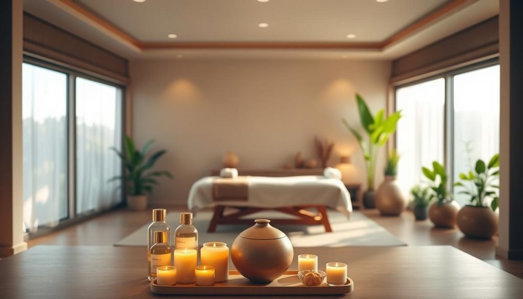 A serene and tranquil spa setting, bathed in warm, soothing light. A calming, minimalist interior with natural materials and soothing neutral tones. In the foreground, an elegantly arranged display of massage oils, lotions, and aromatherapy candles. In the middle ground, a plush, inviting massage table, signifying the personalized, wellness-focused services offered. The background features lush, verdant foliage and natural elements, evoking a sense of rejuvenation and harmony. The overall atmosphere exudes a peaceful, restorative ambiance, perfectly reflecting the "Healthy Living and Vitality" experience at the Bostancı Massage Salon.