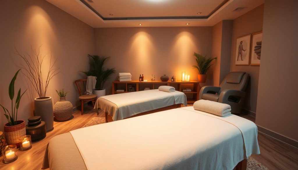 A serene and well-equipped massage studio with plush, inviting treatment tables, dim lighting, and soothing natural elements like potted plants and river stones. Soft, warm lighting casts a peaceful glow, while the room is filled with the calming scent of essential oils. The studio features high-quality massage equipment, including heated pads and massage chairs, creating an atmosphere of comfort and relaxation. The background showcases a neutral, calming palette with muted tones, allowing the focus to remain on the massage experience. This image should convey a sense of tranquility, professionalism, and the inviting nature of a high-quality massage therapy session.