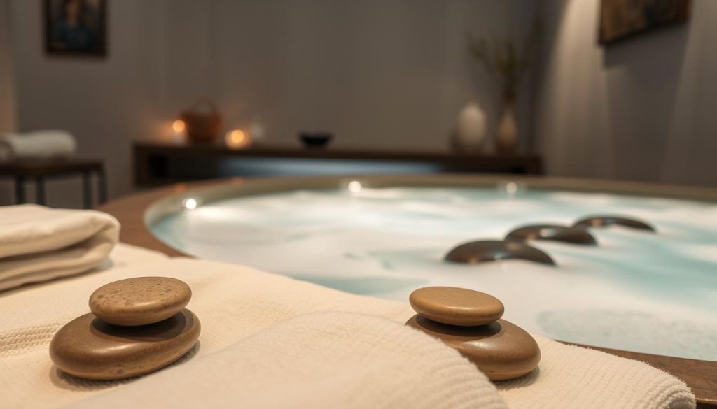 A serene, dimly lit massage parlor setting. In the foreground, a carefully arranged array of smooth river stones and fluffy white towels, ready for a soothing stone massage. In the middle ground, a tranquil pool of gently swirling, fragrant massage oil and foam, inviting the viewer to imagine the rejuvenating touch of a hot stone and foam massage. The background features a calming, minimalist decor with soft lighting, creating a cozy and relaxing atmosphere. The overall scene conveys a sense of harmony, relaxation, and the promise of a truly restorative and pampering spa experience.
