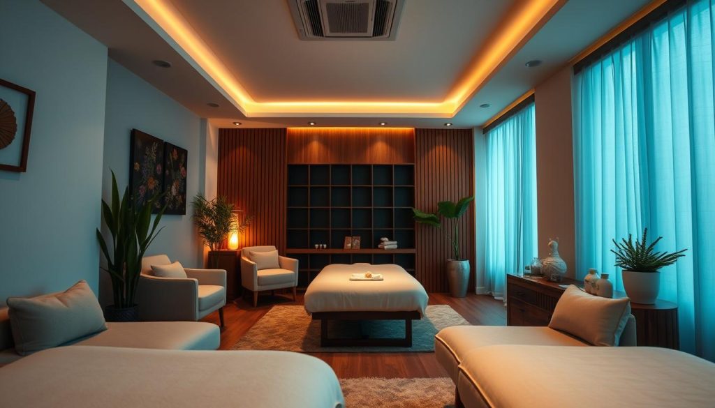 A serene, dimly lit massage therapy room in Istanbul's Bahçelievler district. Soft, warm lighting casts a cozy glow, creating a relaxing ambiance. Plush, neutral-toned couches and chairs invite guests to unwind, while elegant wooden accents and potted plants add natural, earthy elements. The space is clean, uncluttered, and exudes a sense of tranquility, perfect for a restorative massage experience. The camera captures the room from a low, wide angle, showcasing the inviting, spa-like atmosphere.