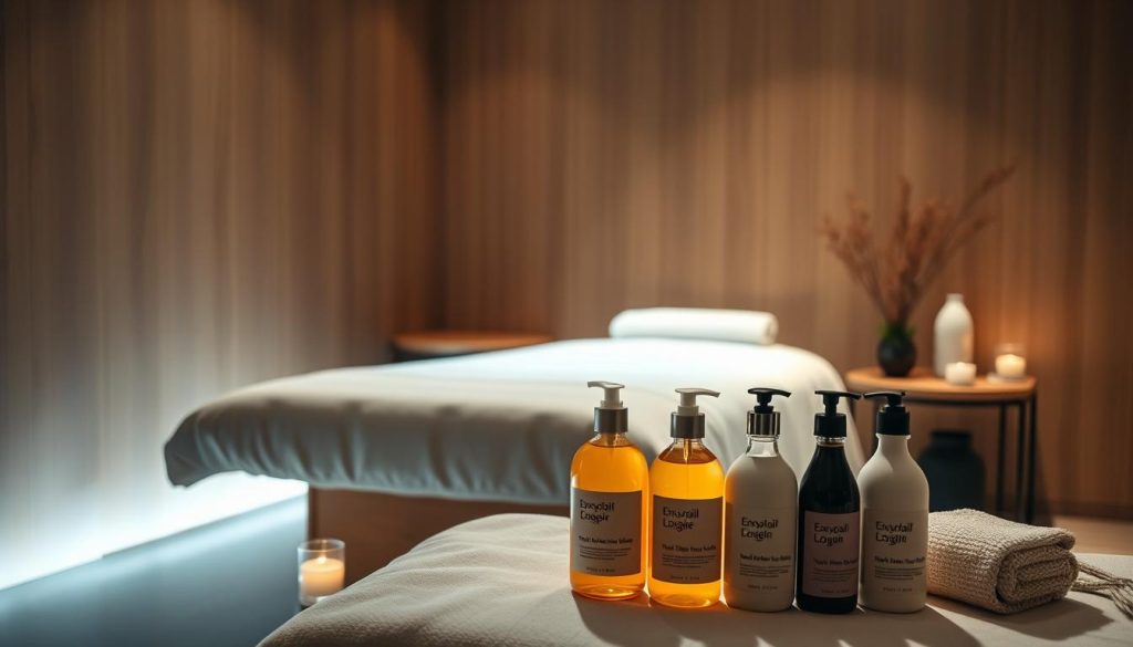 A serene, dimly lit treatment room showcases a plush massage table, its pristine white linens inviting relaxation. Soft, ambient lighting from concealed sources casts a warm, soothing glow, accentuating the smooth, natural wood tones of the walls and furnishings. A delicate scent of essential oils lingers in the air, heightening the tranquil atmosphere. In the foreground, a selection of therapeutic massage oils and lotions sit neatly arranged, their labels hinting at the restorative properties within. The overall scene exudes a sense of calm, comfort, and the promise of a transformative, terapötik masaj deneyimi. A serene, dimly lit treatment room showcases a plush massage table, its pristine white linens inviting relaxation. Soft, ambient lighting from concealed sources casts a warm, soothing glow, accentuating the smooth, natural wood tones of the walls and furnishings. A delicate scent of essential oils lingers in the air, heightening the tranquil atmosphere. In the foreground, a selection of therapeutic massage oils and lotions sit neatly arranged, their labels hinting at the restorative properties within. The overall scene exudes a sense of calm, comfort, and the promise of a transformative, terapötik masaj deneyimi.