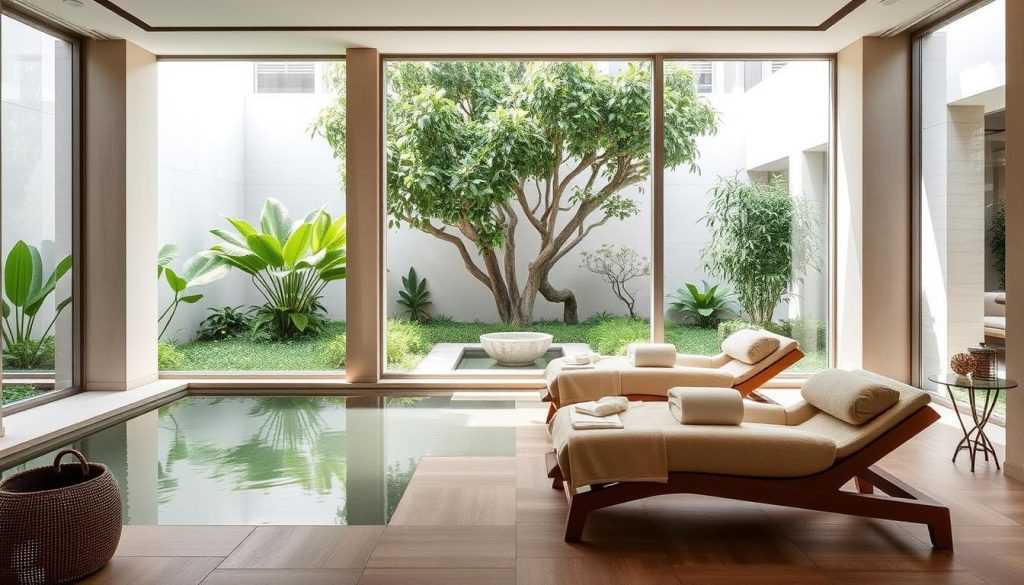 A serene oasis in the heart of the bustling city, Etiler's urban spa offers a tranquil escape. An airy, minimalist interior with floor-to-ceiling windows bathes the space in natural light, framing a lush, verdant courtyard garden. Plush spa chairs and a reflection pool create a soothing ambiance, as soft instrumental music and the gentle sound of flowing water lull the senses. A team of skilled massage therapists use long, flowing strokes and warm, aromatic oils to melt away tension and stress, leaving the body and mind refreshed and renewed.