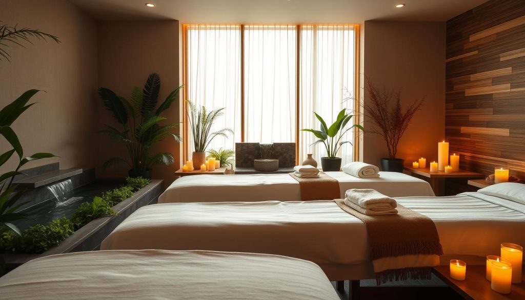 A serene spa environment with plush, inviting massage tables, surrounded by lush greenery and warm natural lighting. Soft linens, aromatherapy candles, and the soothing sound of a trickling water feature create a calming ambiance. The space exudes a sense of tranquility, offering a sanctuary for relaxation and rejuvenation. A wooden accent wall and minimalist decor evoke a modern, yet organic aesthetic. The scene conveys a holistic approach to wellness, where visitors can indulge in personalized health services and restore their mind, body, and spirit. A serene spa environment with plush, inviting massage tables, surrounded by lush greenery and warm natural lighting. Soft linens, aromatherapy candles, and the soothing sound of a trickling water feature create a calming ambiance. The space exudes a sense of tranquility, offering a sanctuary for relaxation and rejuvenation. A wooden accent wall and minimalist decor evoke a modern, yet organic aesthetic. The scene conveys a holistic approach to wellness, where visitors can indulge in personalized health services and restore their mind, body, and spirit.