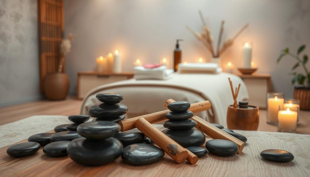 A serene spa-like atmosphere with a professional massage table and an array of soothing massage oils and aromatherapy candles. Soft, diffused lighting creates a calming ambiance, while the wooden floors and natural elements like river stones evoke a sense of tranquility. In the foreground, various massage tools and techniques are prominently displayed, such as heated stones, bamboo rods, and kneading fingers, hinting at the personalized and therapeutic nature of the services offered. The overall composition suggests a high-end, specialized massage experience tailored to the individual's needs.
