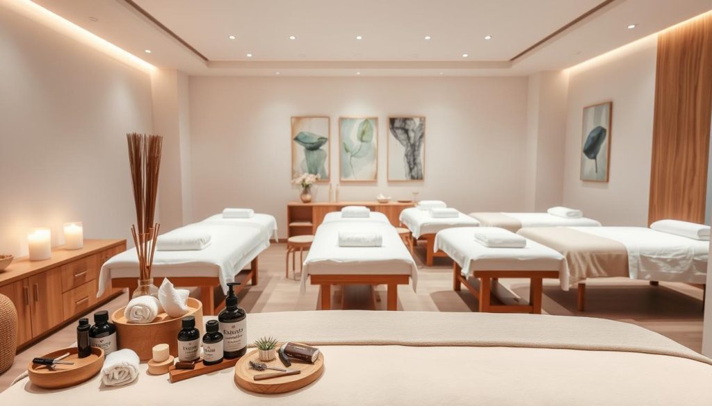 A serene spa setting showcasing an assortment of massage treatment options. Soft lighting illuminates a minimalist yet elegant space with natural wood accents and plush fabrics. In the foreground, various massage tools and oils are neatly arranged, hinting at the diverse therapies available. The middle ground features several massage tables, each with crisp white linens and simple yet refined decor. In the background, a soothing ambiance is created through calming colors and abstract art pieces. The overall atmosphere radiates tranquility and professionalism, inviting the viewer to imagine the range of personalized massage experiences on offer.