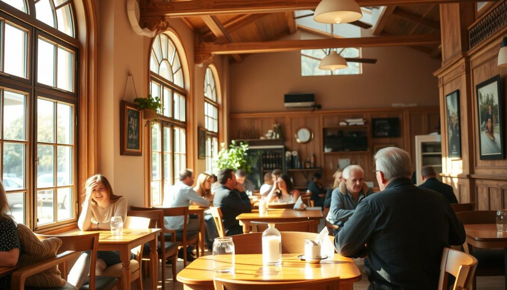 A serene, sun-drenched café interior with warm, wooden furnishings and cozy seating arrangements. Customers seated at tables, engaged in lively discussions, their faces radiant with satisfaction. The ambiance is welcoming and inviting, conveying a sense of trust and community. Soft, natural lighting filters through large windows, casting a gentle glow on the scene. The overall composition suggests an atmosphere of comfort and contentment, where positive customer reviews have built a strong sense of trust and confidence.