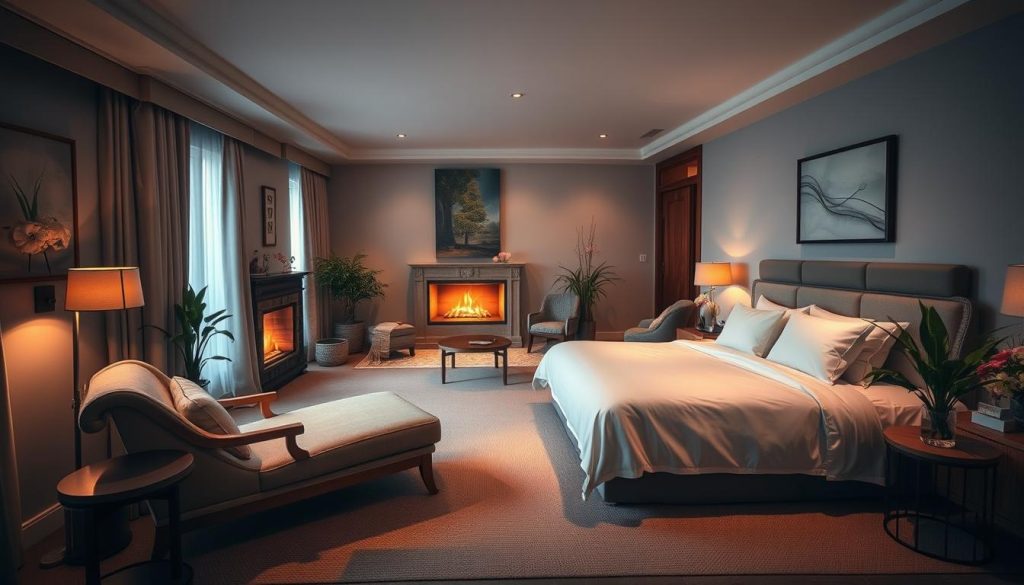 A spacious, dimly lit hotel room with warm, soft lighting creating a cozy, relaxing ambiance. The room features natural wood furnishings, plush fabrics, and a large, comfortable bed with crisp, white linens. A stylish chaise lounge sits in the corner, inviting visitors to sink in and unwind. Potted plants and subtle, nature-inspired artwork adorn the walls, adding a serene, spa-like atmosphere. The room is bathed in a calming color palette of earthy tones and muted blues, with the soft glow of a fireplace visible in the background, further enhancing the tranquil, rejuvenating vibe.