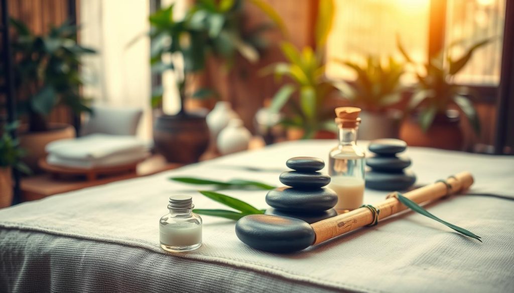 A tranquil massage studio bathed in warm, diffused lighting. Various massage modalities are depicted - aromatherapy oils, hot stones, and soothing bamboo tools lay on a rustic wooden table. In the background, lush potted plants and natural textures create a serene, spa-like ambiance. The overall scene conveys a sense of relaxation, rejuvenation, and a holistic approach to the different massage techniques featured.