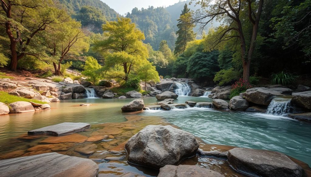 A tranquil oasis nestled amidst lush greenery, a natural spa environment with serene streams, cascading waterfalls, and inviting pools of warm, mineral-rich waters. The scene is bathed in soft, diffused lighting, creating a soothing, meditative atmosphere. Smooth, weathered rocks line the banks, complementing the earthy tones and textures of the surrounding landscape. Towering, verdant trees provide a canopy of shade, while delicate, fragrant flowers add pops of color. The overall ambiance evokes a sense of rejuvenation, harmony, and a deep connection with the natural world.