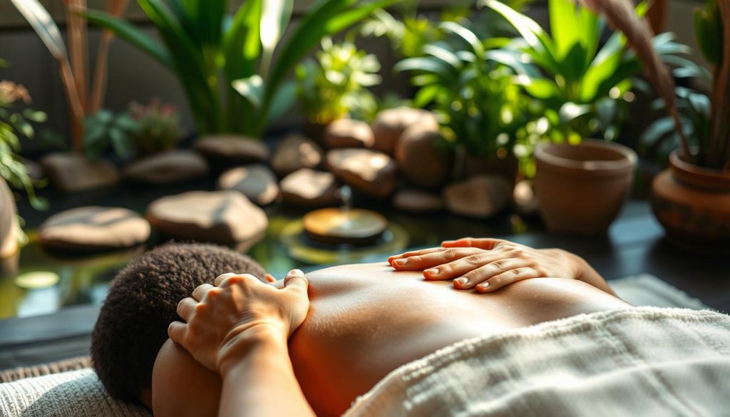 A tranquil scene of a person engaged in a soothing massage, surrounded by elements that promote balance and well-being. In the foreground, skilled hands gently knead the muscles, easing tension. The middle ground features a serene setting with lush greenery, calming water features, and natural lighting filtering through. In the background, a harmonious blend of earthy tones and organic textures creates a soothing atmosphere. The overall composition conveys a sense of holistic care, where the body, mind, and spirit are brought into alignment through the art of therapeutic touch.