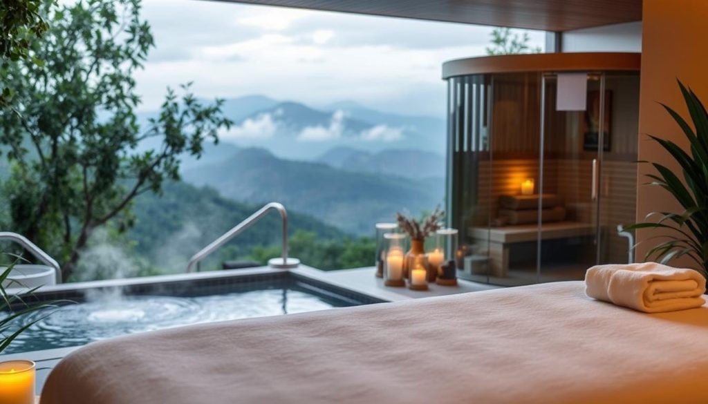 A tranquil spa setting with lush greenery, serene water features, and warm lighting. A massage table in the foreground, surrounded by plush towels and calming aromatherapy candles. In the middle ground, a glass-enclosed sauna, steam rising gently. The background showcases a panoramic view of a picturesque natural landscape, with mountains or rolling hills in the distance. The overall atmosphere exudes a sense of relaxation, rejuvenation, and well-being, inviting the viewer to immerse themselves in the restorative benefits of massage and spa treatments.