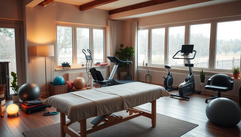 A well-equipped physical therapy clinic in a cozy home setting. The living room-like space features modern, ergonomic equipment arranged in a functional layout. Warm lighting from floor lamps and large windows creates a serene, therapeutic atmosphere. A massage table stands ready in the foreground, surrounded by resistance bands, exercise balls, and other rehabilitation tools. In the middle ground, a treadmill and stationary bike allow for personalized therapy routines. The background showcases a calming view through large windows, perhaps of a peaceful garden or park. The overall impression is of a comfortable, tailored, and high-quality home health service. A well-equipped physical therapy clinic in a cozy home setting. The living room-like space features modern, ergonomic equipment arranged in a functional layout. Warm lighting from floor lamps and large windows creates a serene, therapeutic atmosphere. A massage table stands ready in the foreground, surrounded by resistance bands, exercise balls, and other rehabilitation tools. In the middle ground, a treadmill and stationary bike allow for personalized therapy routines. The background showcases a calming view through large windows, perhaps of a peaceful garden or park. The overall impression is of a comfortable, tailored, and high-quality home health service.