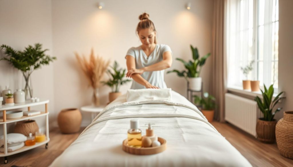 A well-lit medical massage studio with soothing neutral tones and warm lighting. The foreground features a massage table with crisp white linens and an array of massage tools and oils neatly organized. In the middle ground, a professional massage therapist, hands in motion, demonstrates a variety of massage techniques including kneading, effleurage, and tapotement. The background showcases a calming, minimalist decor with potted plants, natural textures, and a large window allowing soft natural light to filter in, creating an atmosphere of relaxation and wellness.