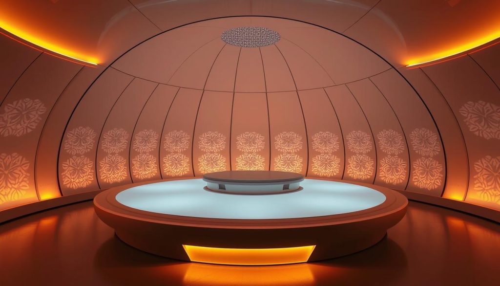 An advanced technological detox experience within the MLX I³Dome, a sleek and futuristic spherical structure. The interior is bathed in warm, ambient lighting that casts a serene glow, creating a tranquil and meditative atmosphere. Intricate, backlit panels along the curved walls emit a soft, mesmerizing display of geometric patterns, subtly pulsing and shifting in a calming rhythm. The central platform features a minimalist, ergonomic design, inviting visitors to recline and immerse themselves in the cutting-edge, restorative experience. The overall composition conveys a sense of harmony between advanced technology and holistic well-being, offering a truly exceptional and transformative spa encounter.