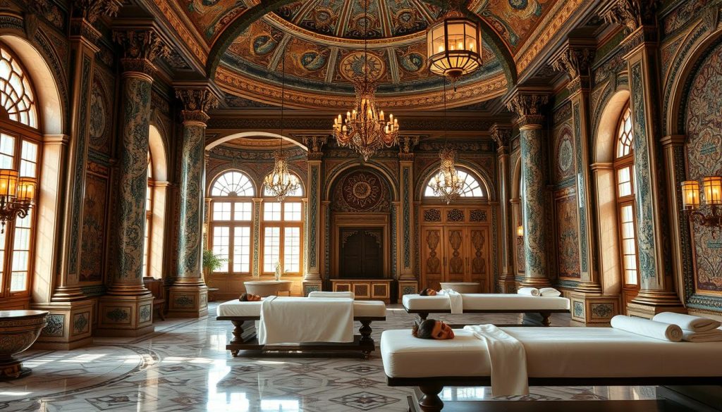 An opulent spa set within the ornate halls of a historic Ottoman palace. Ornate columns, intricate tile mosaics, and ornamental chandeliers create an atmosphere of timeless luxury. Soft natural light filters in through arched windows, casting a warm glow on the elegant marble treatment tables and plush linens. The air is infused with the soothing scents of aromatic oils, transporting the senses to a realm of tranquility. Clients recline in a state of blissful relaxation, indulging in authentic Turkish massage techniques that melt away tension and restore balance. An oasis of serenity amidst the hustle and bustle of the city, where the past and present converge in a harmonious spa experience.