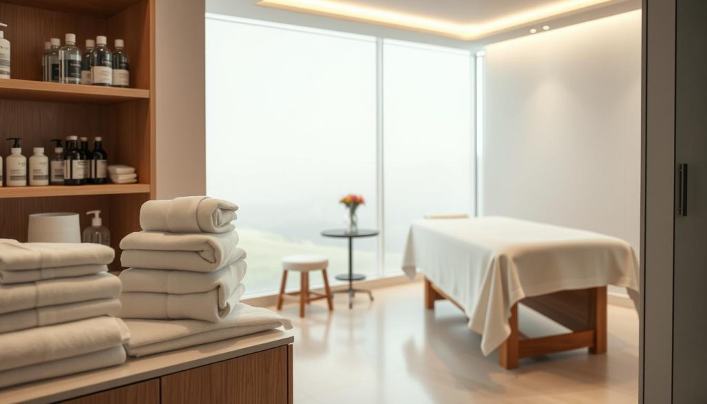 a clean, well-lit professional massage parlor interior with modern furnishings, pristine surfaces, and a calming atmosphere. the foreground features stacks of fresh, neatly folded towels, bottles of massage oils, and sanitizing supplies on a sleek wooden cabinet. the middle ground shows an inviting massage table draped with crisp white linens, alongside a small side table with a vase of fresh flowers. the background features soft, indirect lighting, neutral-toned walls, and a large window overlooking a peaceful, natural landscape outside. the overall impression is one of hygiene, care, and attention to detail.