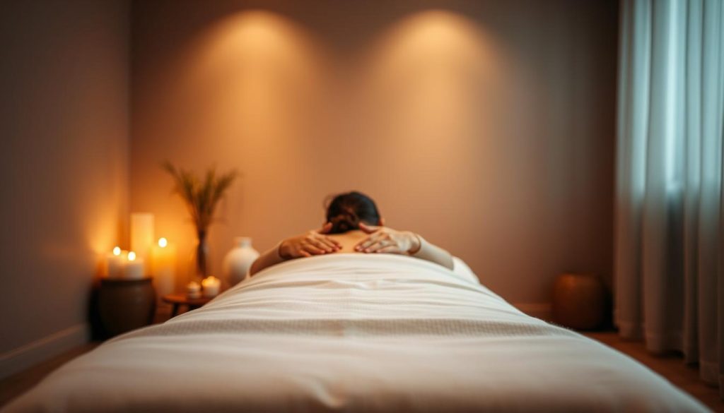 A calming, dimly lit room with soft, warm lighting. In the center, a massage table is positioned, draped with crisp, white linens. Two hands, skilled and experienced, gently kneading the muscles of a person on the table, their face obscured. The atmosphere is one of tranquility and rejuvenation, with subtle aromas of essential oils wafting through the air. The camera angle captures the scene from a slightly elevated perspective, emphasizing the care and attention of the professional massage therapist. A calming, dimly lit room with soft, warm lighting. In the center, a massage table is positioned, draped with crisp, white linens. Two hands, skilled and experienced, gently kneading the muscles of a person on the table, their face obscured. The atmosphere is one of tranquility and rejuvenation, with subtle aromas of essential oils wafting through the air. The camera angle captures the scene from a slightly elevated perspective, emphasizing the care and attention of the professional massage therapist.