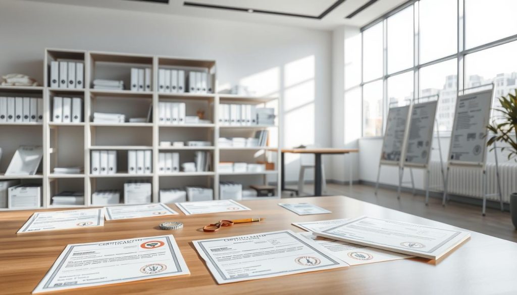 A clean, well-lit room showcasing various hygiene certification documents and standards. The foreground features a crisp, neatly organized display of certificates, seals, and stamps on a sleek, wooden table. The middle ground depicts modern, minimalist shelving units housing regulatory manuals and guidelines. The background is a bright, airy space with large windows allowing natural light to flood the scene, conveying a sense of transparency and professionalism. The overall mood is one of meticulous attention to detail, regulatory compliance, and high standards of cleanliness and safety.
