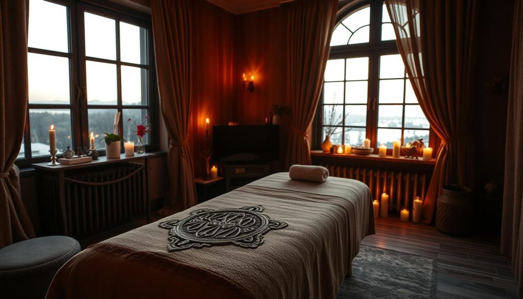 A cozy Istanbul massage parlor, dimly lit with warm, flickering candles. Plush, earthy-toned fabrics adorn the space, creating a tranquil, spa-like ambiance. Soft, soothing music plays in the background, setting the tone for a deeply relaxing experience. The spotlight falls on an ornate, intricately carved wooden massage table, inviting visitors to indulge in a moment of pure rejuvenation. The room is filled with the subtle, calming scent of essential oils, heightening the senses and promoting a sense of overall well-being. A serene, natural landscape is visible through a large window, adding to the peaceful, restorative atmosphere. A cozy Istanbul massage parlor, dimly lit with warm, flickering candles. Plush, earthy-toned fabrics adorn the space, creating a tranquil, spa-like ambiance. Soft, soothing music plays in the background, setting the tone for a deeply relaxing experience. The spotlight falls on an ornate, intricately carved wooden massage table, inviting visitors to indulge in a moment of pure rejuvenation. The room is filled with the subtle, calming scent of essential oils, heightening the senses and promoting a sense of overall well-being. A serene, natural landscape is visible through a large window, adding to the peaceful, restorative atmosphere.