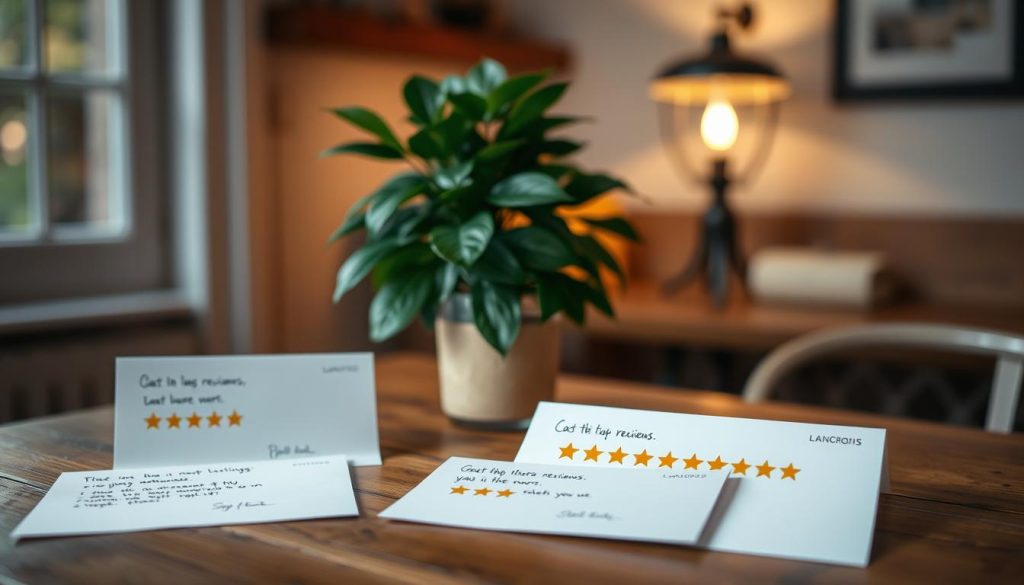 A cozy, ambient scene showcasing a collection of customer reviews and ratings. A wooden table in the foreground displays several hand-written notes and star ratings on crisp white paper, conveyed with a sense of authenticity and warmth. In the middle ground, a leafy plant and a vintage-style lamp create a serene, inviting atmosphere. The background is softly blurred, allowing the customer feedback to take center stage. The overall mood is one of trust, reliability, and a genuine connection between the service provider and their satisfied clientele. Soft, natural lighting illuminates the scene, creating a sense of transparency and sincerity.