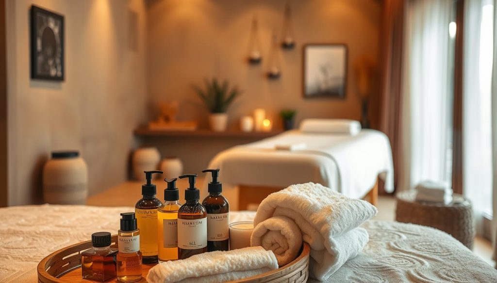 A cozy and inviting spa environment, bathed in warm, diffused lighting. In the foreground, an assortment of massage oils, lotions, and plush towels are neatly arranged on a tray. In the middle ground, a high-quality massage table stands ready, its clean white linens and plush cushions beckoning. The background features soothing, earthy tones, with natural elements like potted plants and subtle wall art, creating a serene and tranquil atmosphere. The overall mood is one of relaxation, rejuvenation, and a sense of escape from the outside world.