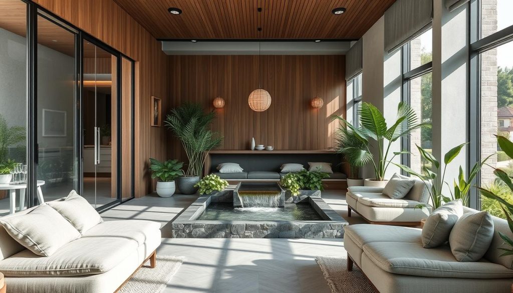 A cozy and serene spa retreat nestled in the heart of Levent, Istanbul. The entrance features a modern, minimalist design with sleek glass walls and a wooden facade, inviting guests to step into a tranquil oasis. The interior showcases a soothing color palette of muted grays, greens, and whites, accentuated by natural lighting filtering through large windows. Plush, comfortable seating areas are arranged thoughtfully, allowing for relaxation and rejuvenation. A central water feature, with its gentle cascading sounds, sets the calming tone. Soft textiles, lush plants, and carefully curated décor elements create a harmonious and wellness-focused ambiance. The overall scene exudes a sense of serenity, inviting visitors to unwind and indulge in the premium massage services offered within.