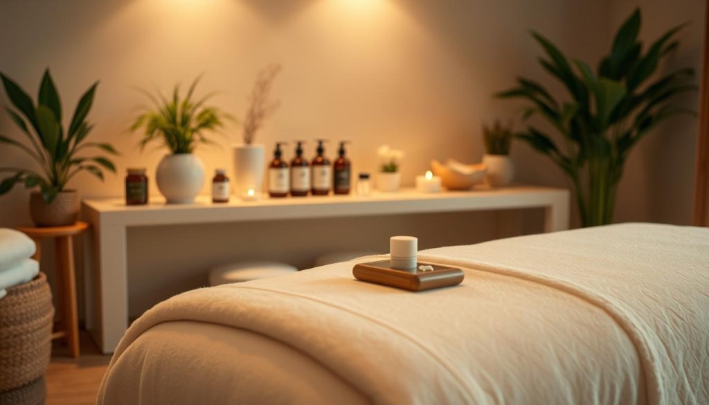A cozy and tranquil spa setting with a massage table in the foreground, adorned with plush linens and soft lighting. In the middle ground, various massage tools and oils are neatly arranged, conveying a sense of professionalism and care. The background features soothing natural elements, such as potted plants and a minimalist decor, creating a serene and rejuvenating atmosphere. The overall mood is one of relaxation, inviting the viewer to imagine the skilled hands of a professional masseuse at work, delivering a personalized and rejuvenating massage experience. A cozy and tranquil spa setting with a massage table in the foreground, adorned with plush linens and soft lighting. In the middle ground, various massage tools and oils are neatly arranged, conveying a sense of professionalism and care. The background features soothing natural elements, such as potted plants and a minimalist decor, creating a serene and rejuvenating atmosphere. The overall mood is one of relaxation, inviting the viewer to imagine the skilled hands of a professional masseuse at work, delivering a personalized and rejuvenating massage experience.