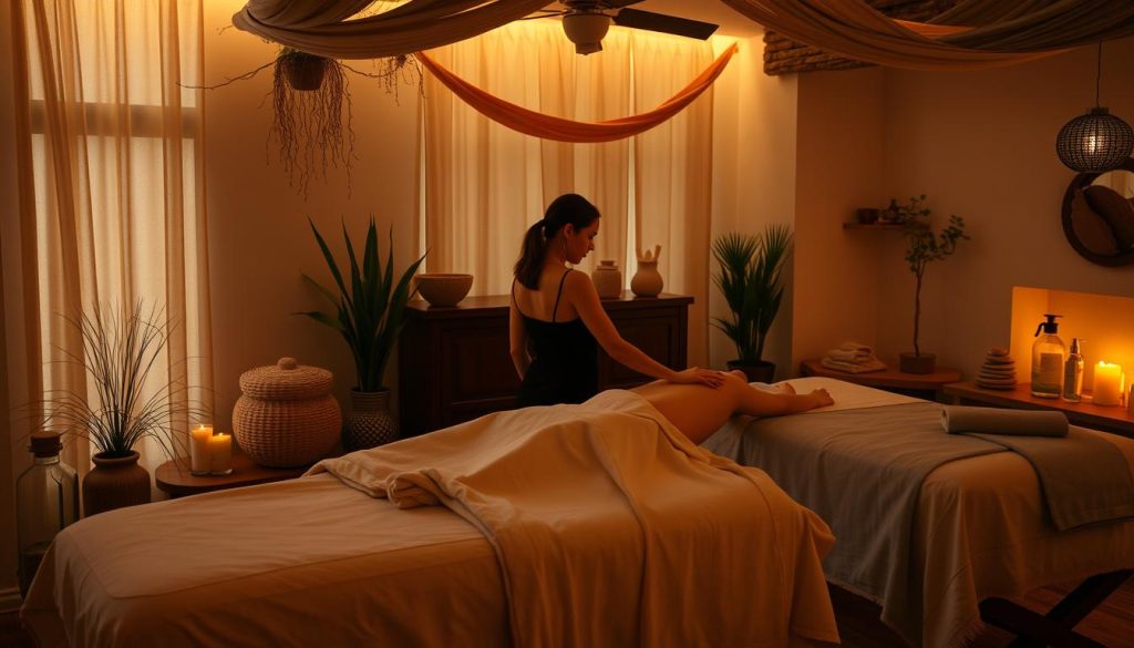 A cozy, dimly lit massage studio with soft, warm lighting, plush massage tables, and an array of soothing, natural oils and lotions. The space is adorned with calming, earthy tones and natural elements like potted plants and smooth river stones. Soft, ambient music plays in the background, creating a tranquil atmosphere. The masseuse, a skilled and attentive professional, uses flowing, therapeutic techniques to deliver a personalized, rejuvenating massage experience tailored to the individual's needs. The overall scene evokes a sense of relaxation, comfort, and well-being.