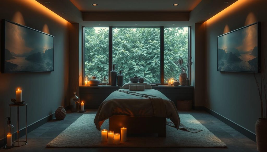 A cozy, dimly lit room with soft, ambient lighting. In the center, a massage table draped in luxurious fabrics, inviting the senses. Beside it, an assortment of fragrant oils, candles, and soothing instruments. The walls are adorned with serene landscape paintings, creating a tranquil atmosphere. A large window allows natural light to filter in, casting a warm glow throughout the space. The overall mood is one of personalized, indulgent relaxation, tailored to the individual's needs and preferences.