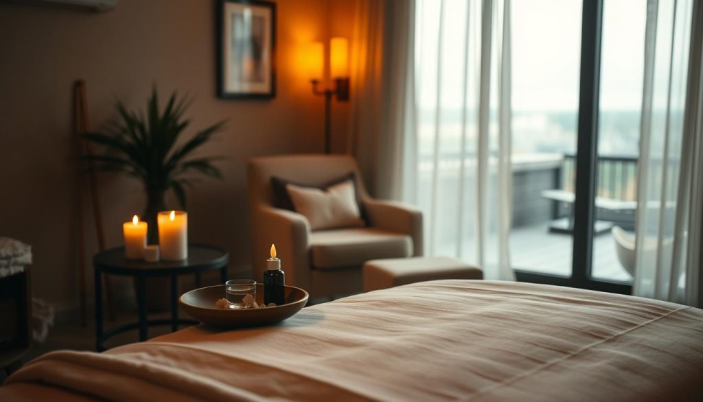 A cozy, dimly lit room with warm, soft lighting. In the foreground, a massage table with clean, fresh linens invites relaxation. On a side table, a collection of soothing, natural elements - a candle, a bowl of essential oils, and a glass of water. The middle ground features a plush armchair, perfect for resting and reflecting after a rejuvenating massage. In the background, a large window allows a glimpse of a serene outdoor scene, adding to the calming atmosphere. The overall mood is one of tranquility, self-care, and gentle restoration.