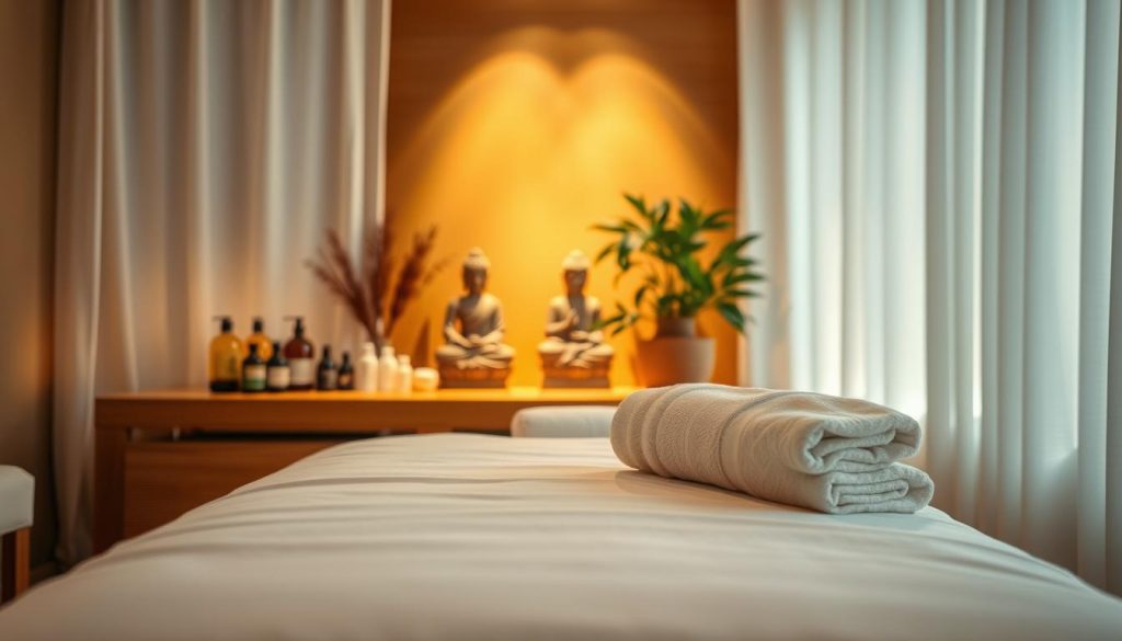 A cozy massage studio with soft lighting, plush linens, and calming aromatherapy. In the foreground, a massage table with crisp white sheets, a folded towel, and an array of massage oils and lotions. In the middle ground, a serene Buddha statue and a potted plant, evoking a sense of tranquility. The background features warm, earthy tones and gentle shadows, creating a relaxing ambiance. The scene conveys a peaceful, professional, and hygienic environment suitable for a high-quality massage experience. A cozy massage studio with soft lighting, plush linens, and calming aromatherapy. In the foreground, a massage table with crisp white sheets, a folded towel, and an array of massage oils and lotions. In the middle ground, a serene Buddha statue and a potted plant, evoking a sense of tranquility. The background features warm, earthy tones and gentle shadows, creating a relaxing ambiance. The scene conveys a peaceful, professional, and hygienic environment suitable for a high-quality massage experience.
