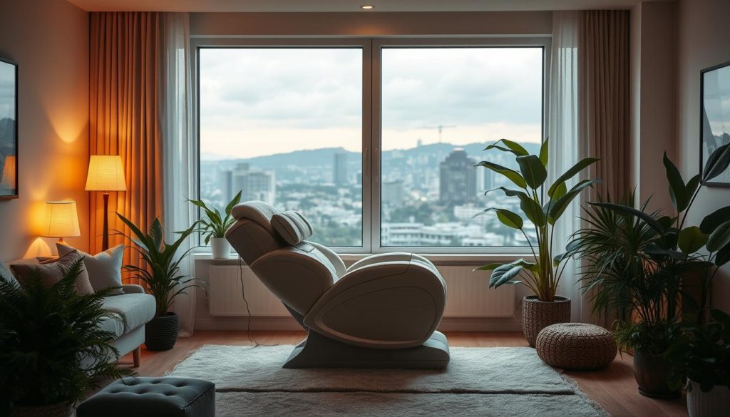 A cozy, serene living room with a plush, inviting massage chair positioned in the center. Soft, ambient lighting casts a warm glow, creating a soothing, spa-like atmosphere. The chair is surrounded by lush, verdant potted plants, adding a touch of natural tranquility. In the background, a large window overlooks a picturesque cityscape, blending the comfort of indoors with the beauty of the outdoors. The overall scene evokes a sense of relaxation and pampering, perfectly capturing the essence of "evde masaj konforu" - the comfort and convenience of in-home massage services. A cozy, serene living room with a plush, inviting massage chair positioned in the center. Soft, ambient lighting casts a warm glow, creating a soothing, spa-like atmosphere. The chair is surrounded by lush, verdant potted plants, adding a touch of natural tranquility. In the background, a large window overlooks a picturesque cityscape, blending the comfort of indoors with the beauty of the outdoors. The overall scene evokes a sense of relaxation and pampering, perfectly capturing the essence of "evde masaj konforu" - the comfort and convenience of in-home massage services.