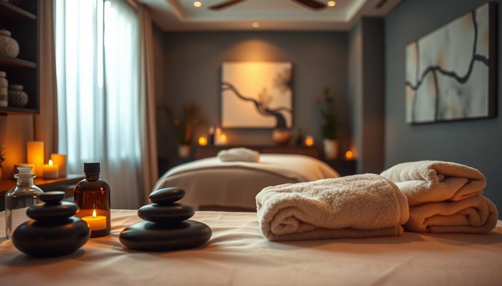 A dimly lit, cozy massage parlor with warm, natural lighting. In the foreground, an array of massage tools - heated stones, aromatherapy oils, and soft, plush towels. In the middle ground, a massage table draped in crisp, white linens, inviting the viewer to relax. The background features soothing, abstract wall art and gentle, ambient music playing. The atmosphere radiates tranquility and rejuvenation, setting the stage for a rejuvenating, personalized massage experience.