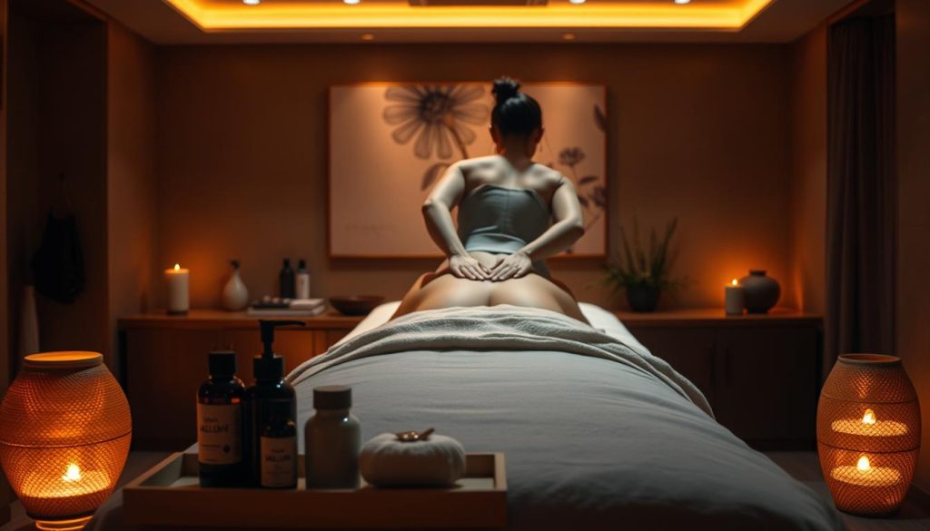 A dimly lit massage studio with warm, soothing lighting and earthy, natural tones. In the foreground, a massage table with soft, plush linens and a set of massage oils and tools arranged neatly. In the middle ground, a skilled massage therapist's hands delicately applying various massage techniques - kneading, long strokes, and gentle pressure - to a person's back. The background features calming, abstract wall art and subtle plant life, creating a tranquil, spa-like atmosphere. The overall scene conveys a sense of relaxation, rejuvenation, and expertise in the art of massage.