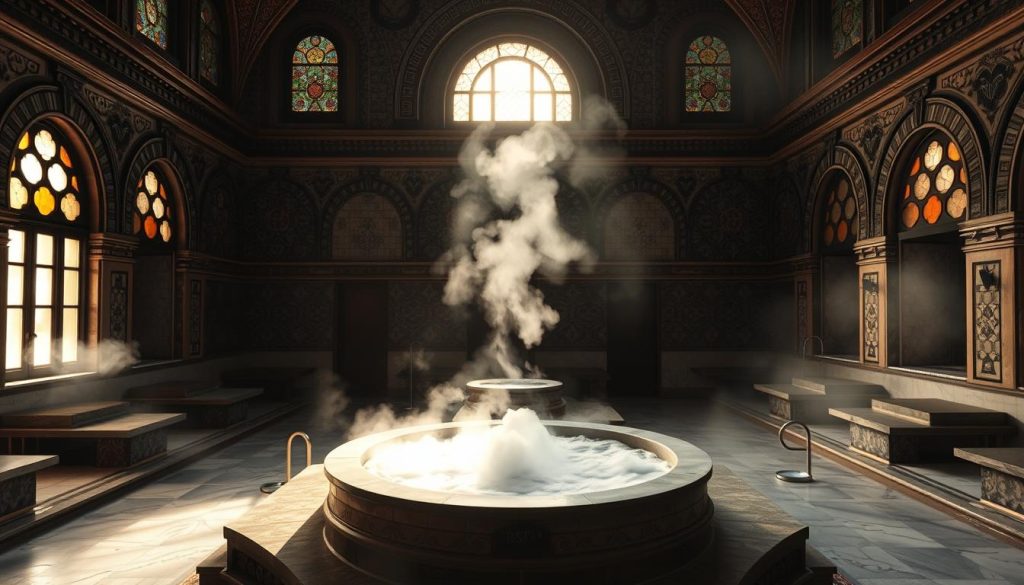 A grand and ornate traditional Turkish bath (hamam) set in a dimly lit, atmospheric interior. Sunlight filters through stained glass windows, casting warm hues across the marble floors and steam-filled air. In the foreground, a large, steaming central basin takes center stage, surrounded by alcoves with heated stone slabs for reclining. Intricate tile patterns and arched doorways line the walls, hinting at the building's historic grandeur. The overall mood is one of tranquility, relaxation, and the timeless rituals of this centuries-old bathing tradition.