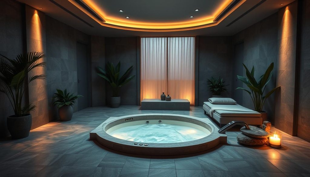 A luxurious VIP jacuzzi massage room with a dimly lit, serene ambiance. The spacious, tiled interior features a large, inviting jacuzzi tub surrounded by plush seating areas. Soft, warm lighting filters through translucent screens, creating a relaxing, spa-like atmosphere. Lush potted plants and natural stone accents adorn the space, evoking a sense of tranquility. The room exudes an air of exclusivity and high-end pampering, perfect for an indulgent Istanbul jacuzzi massage experience.