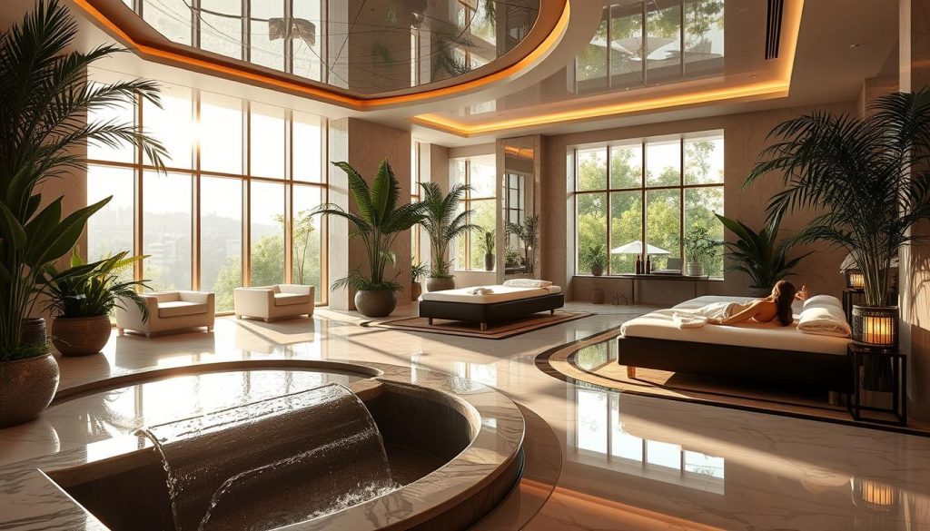 A luxurious spa oasis nestled in the heart of Istanbul, boasting lavish interiors and tranquil ambiance. Sunlight filters through floor-to-ceiling windows, casting a warm glow on the sleek marble tiles and plush, inviting furnishings. Clients indulge in rejuvenating treatments, surrounded by the soothing scents of essential oils and the gentle sounds of trickling water features. Lush greenery and soothing color palettes create a serene, spa-like atmosphere, transporting visitors to a realm of relaxation and rejuvenation. Expansive massage rooms offer state-of-the-art facilities, while cozy relaxation areas invite guests to unwind and recharge in the lap of luxury. This premier spa destination embodies the epitome of urban wellness, catering to the discerning needs of Istanbul's elite.