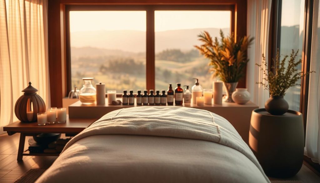 A luxurious spa setting with a softly lit, serene atmosphere. In the foreground, a wooden massage table dressed in plush linens awaits, surrounded by an array of aromatic candles and essential oil diffusers. The middle ground features a selection of therapeutic massage oils and lotions, their labels hinting at the soothing properties of natural ingredients. In the background, a tranquil landscape comes into view through a large window, with gentle sunlight filtering in. The overall impression is one of holistic wellness, inviting the viewer to experience the harmonious blend of classic massage techniques and aromatherapy. A luxurious spa setting with a softly lit, serene atmosphere. In the foreground, a wooden massage table dressed in plush linens awaits, surrounded by an array of aromatic candles and essential oil diffusers. The middle ground features a selection of therapeutic massage oils and lotions, their labels hinting at the soothing properties of natural ingredients. In the background, a tranquil landscape comes into view through a large window, with gentle sunlight filtering in. The overall impression is one of holistic wellness, inviting the viewer to experience the harmonious blend of classic massage techniques and aromatherapy.