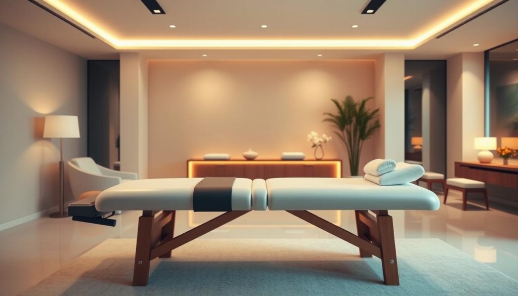 A modern, minimalist office setting with a sleek, ergonomic massage table in the foreground. Soft, warm lighting illuminates the space, creating a serene and inviting atmosphere. The background features neutral-toned walls and clean, contemporary furnishings, suggesting a professional, spa-like environment. The scene conveys a sense of tranquility and wellness, hinting at the restorative nature of the massage career journey. A modern, minimalist office setting with a sleek, ergonomic massage table in the foreground. Soft, warm lighting illuminates the space, creating a serene and inviting atmosphere. The background features neutral-toned walls and clean, contemporary furnishings, suggesting a professional, spa-like environment. The scene conveys a sense of tranquility and wellness, hinting at the restorative nature of the massage career journey.