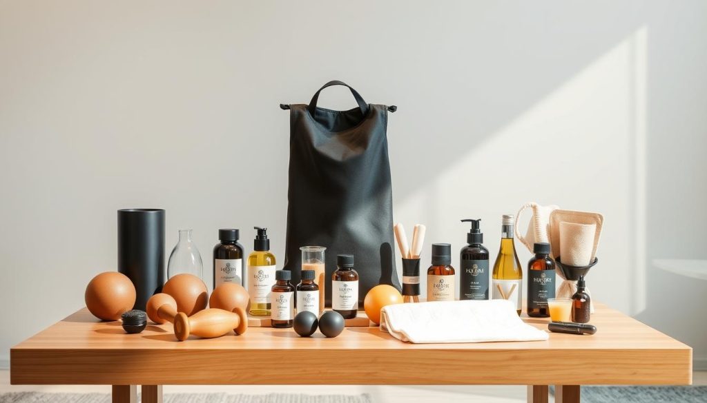 A modern, minimalist product display with an elegant wooden table, showcasing a variety of massage tools, oils, and accessories. The lighting is soft and diffused, creating a calming atmosphere. The products are arranged in a visually appealing manner, highlighting their dimensions and various sizes. In the background, a serene landscape or neutral-toned wall provides a clean, uncluttered backdrop. The overall composition emphasizes the products' proportions, materials, and the attention to detail in their design, reflecting the care and quality of the brand. A modern, minimalist product display with an elegant wooden table, showcasing a variety of massage tools, oils, and accessories. The lighting is soft and diffused, creating a calming atmosphere. The products are arranged in a visually appealing manner, highlighting their dimensions and various sizes. In the background, a serene landscape or neutral-toned wall provides a clean, uncluttered backdrop. The overall composition emphasizes the products' proportions, materials, and the attention to detail in their design, reflecting the care and quality of the brand.