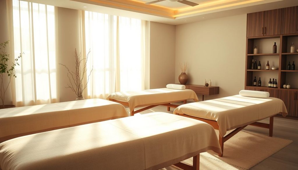 A peaceful and tranquil medical massage studio, bathed in warm, natural lighting. Plush massage tables are arranged in a serene, minimalist setting. Soft fabrics, earthy tones, and subtle textures create a calming ambiance. Bottles of aromatic oils and soothing music in the background suggest the restorative, therapeutic nature of the space. The camera captures the scene from a slightly elevated angle, emphasizing the overall harmony and relaxation evoked by the scene. No human figures are present, allowing the viewer to fully immerse themselves in the restorative experience.