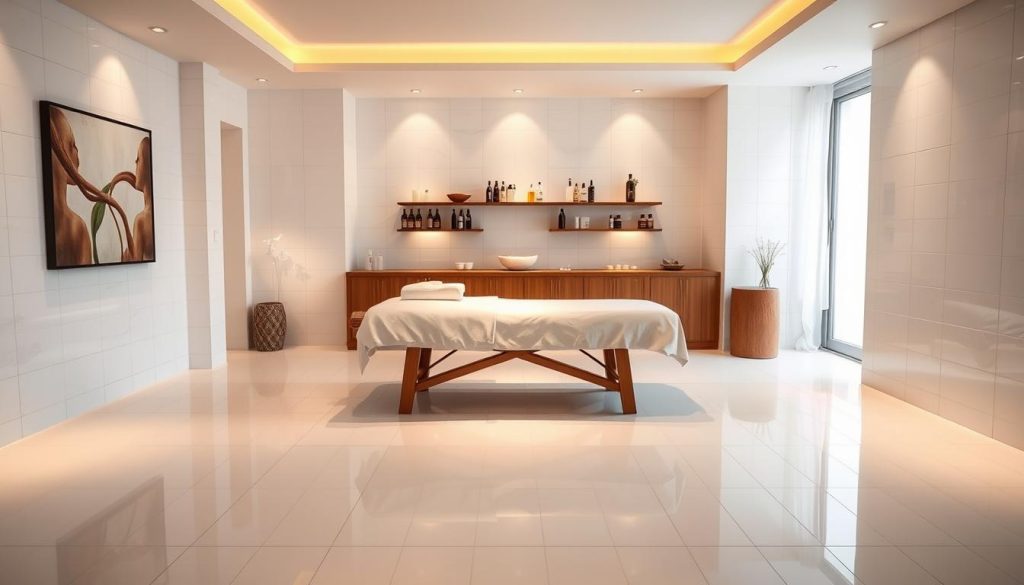 A pristine and serene spa setting, with gleaming white tiles and polished wooden floors. Soft, diffused lighting bathes the room in a warm, calming glow. In the center, a professional-grade massage table stands invitingly, its crisp linens and fluffy towels exuding an air of luxury and hygiene. The walls are adorned with soothing artwork, while discreet shelves hold an array of high-quality massage oils and lotions. The overall atmosphere conveys a sense of tranquility, professionalism, and unwavering commitment to the well-being of the client. A pristine and serene spa setting, with gleaming white tiles and polished wooden floors. Soft, diffused lighting bathes the room in a warm, calming glow. In the center, a professional-grade massage table stands invitingly, its crisp linens and fluffy towels exuding an air of luxury and hygiene. The walls are adorned with soothing artwork, while discreet shelves hold an array of high-quality massage oils and lotions. The overall atmosphere conveys a sense of tranquility, professionalism, and unwavering commitment to the well-being of the client.