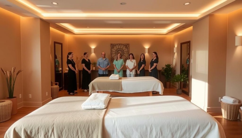 A relaxing and inviting massage parlor interior with a warm, inviting atmosphere. The space is filled with natural light, creating a soothing and calming ambiance. Plush, comfortable massage tables are arranged in a spacious, well-organized layout, allowing for privacy and personalized attention. The walls feature soothing, earthy tones and gentle lighting, complemented by tasteful, minimalist decor. In the background, a team of experienced, professional massage therapists stand ready to provide exceptional, tailored services to every client who enters this serene, rejuvenating environment.