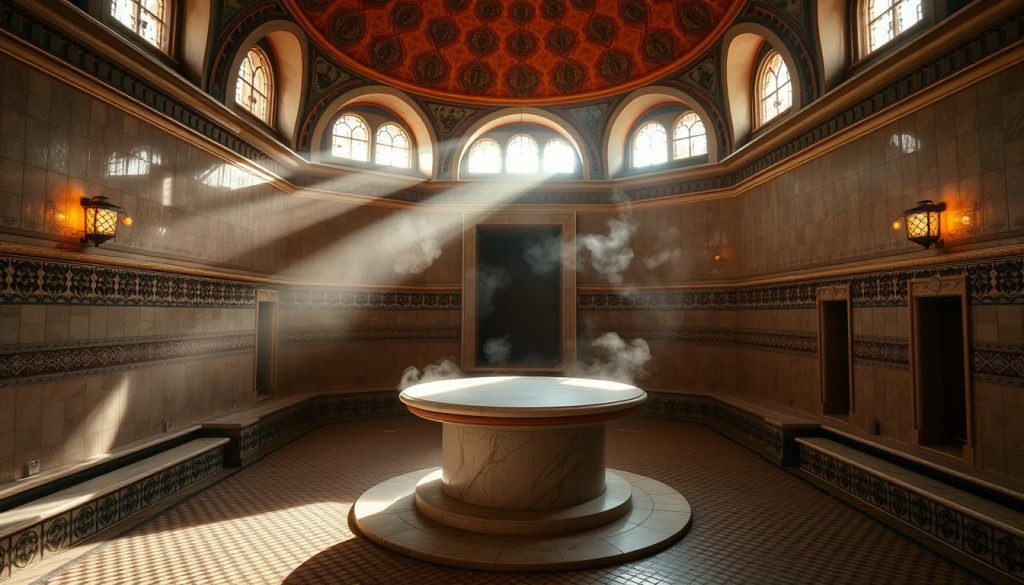 A serene and atmospheric interior of a traditional Turkish hamam (bathhouse), with intricate tile patterns, a large central marble plinth, and warm natural lighting filtering through ornate domed ceilings. Steam billows gently, creating a sense of tranquility and relaxation. The space is devoid of human presence, allowing the viewer to fully immerse themselves in the calming ambiance and experience the timeless ritual of the Turkish bath.